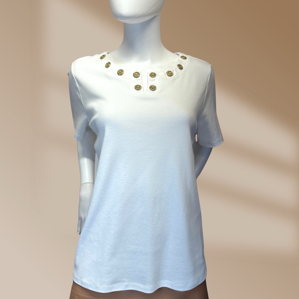 Quacker Factory Womens White Top With Gold Gromets with Crystal Accents Sz Large